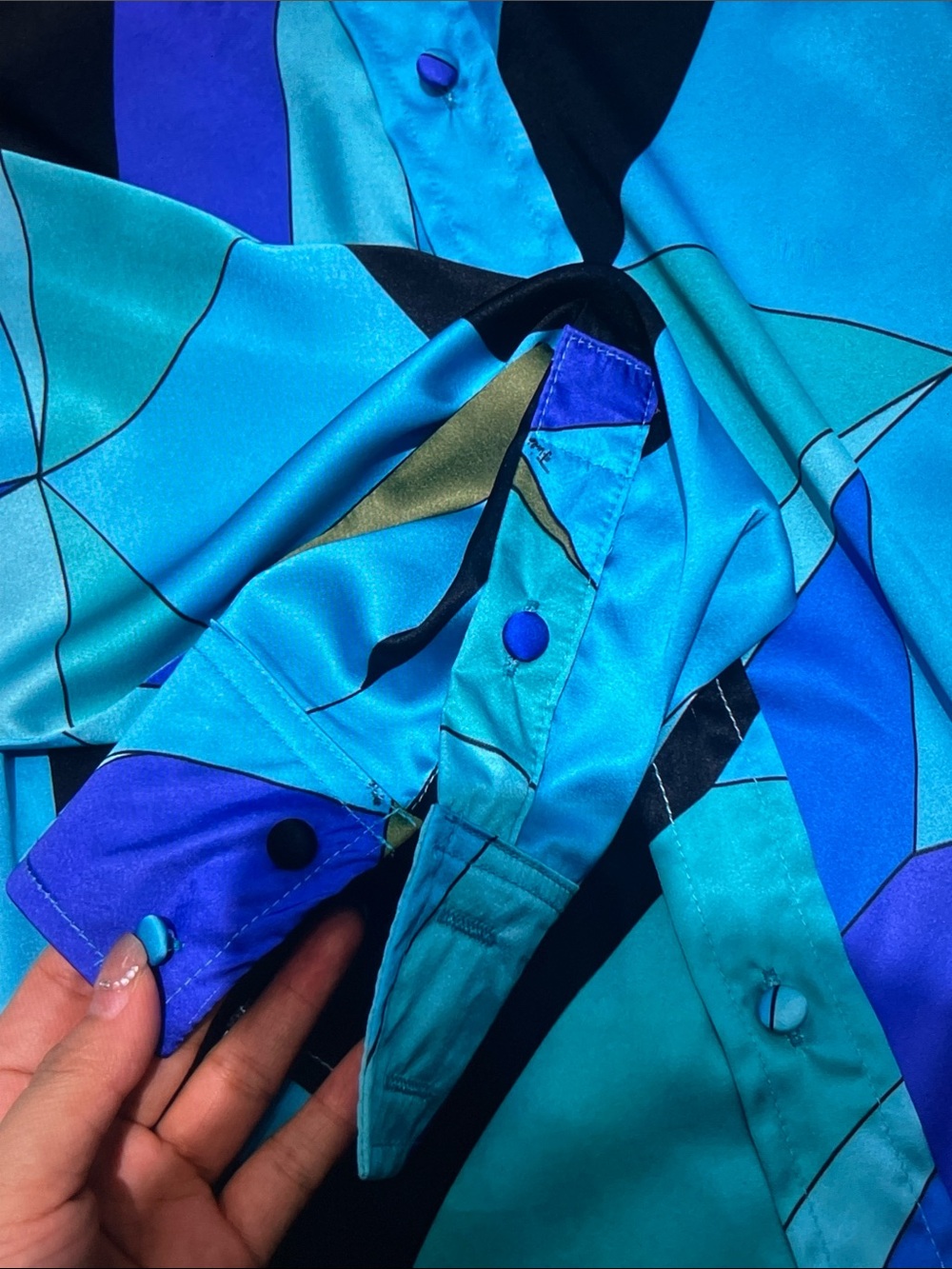 Emilio Pucci Turquoise Blue Abstract Silk-Blend Button Front Blouse - Picture 4 of 6